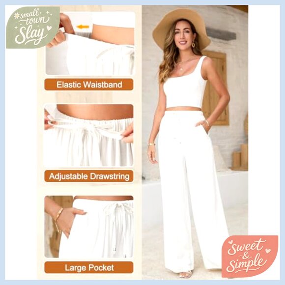 High Waisted Wide Leg Linen Pants Drawstring Palazzo Trousers Casual - Picture 5 of 7